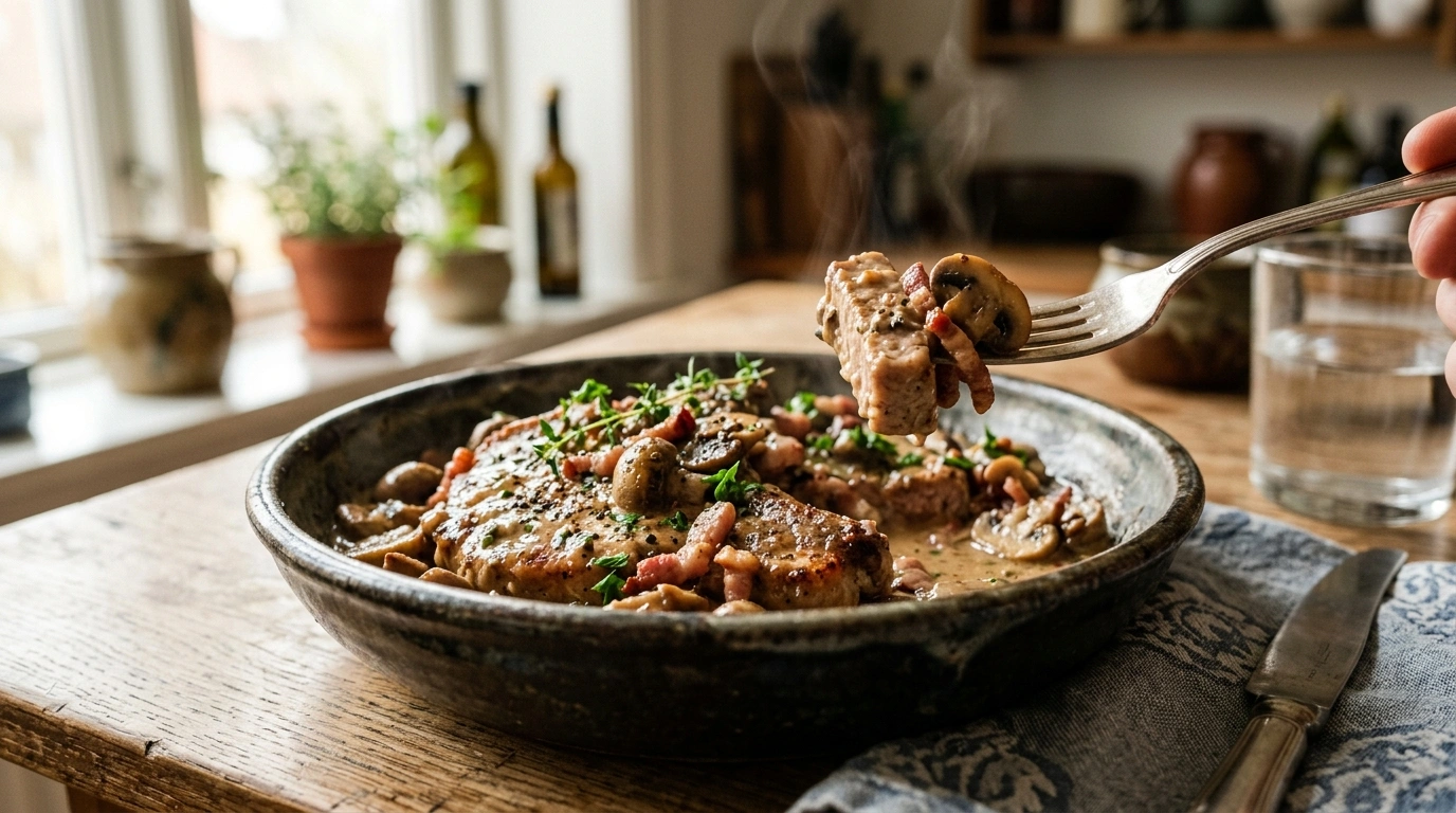 Møre koteletter i fad med champignon og bacon i cremet sovs